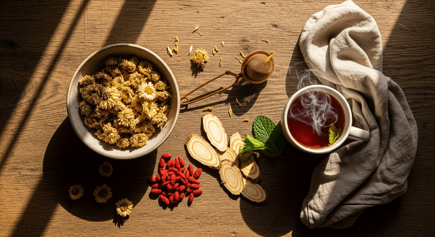 Traditional Chinese Medicine herbs — chrysanthemum, goji berries, astragalus root and herbal tea