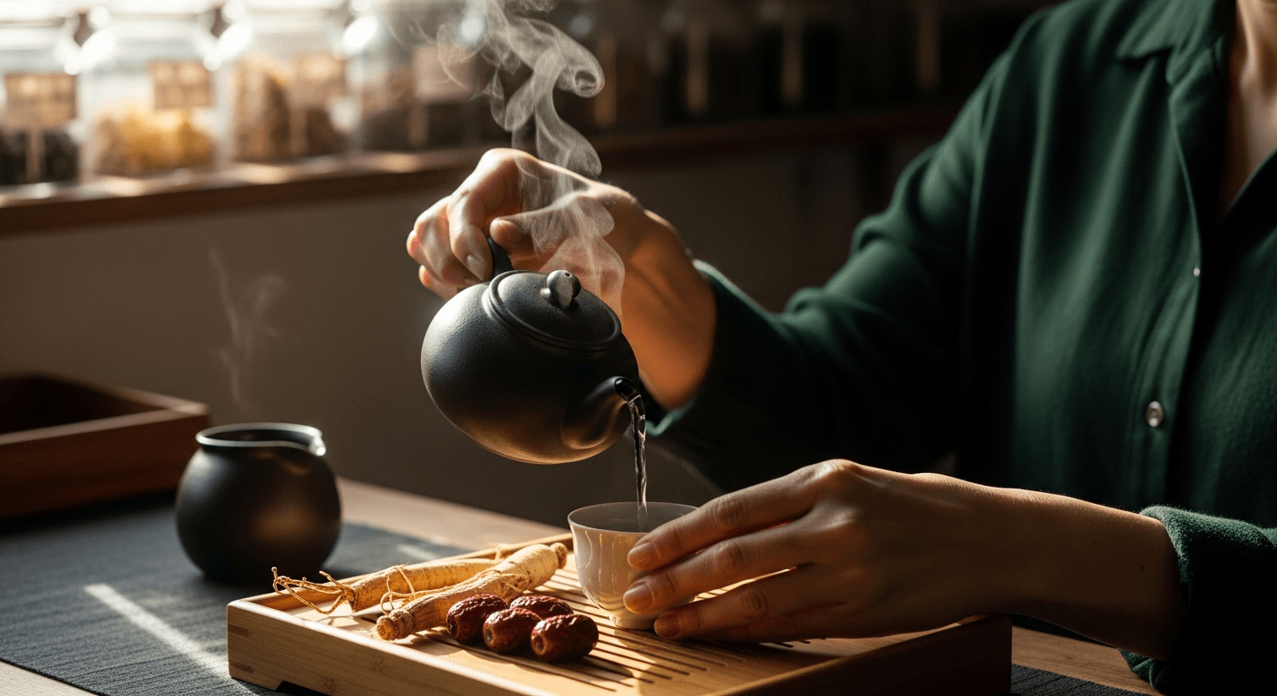 Preparing Chinese herbal tea with a traditional clay teapot