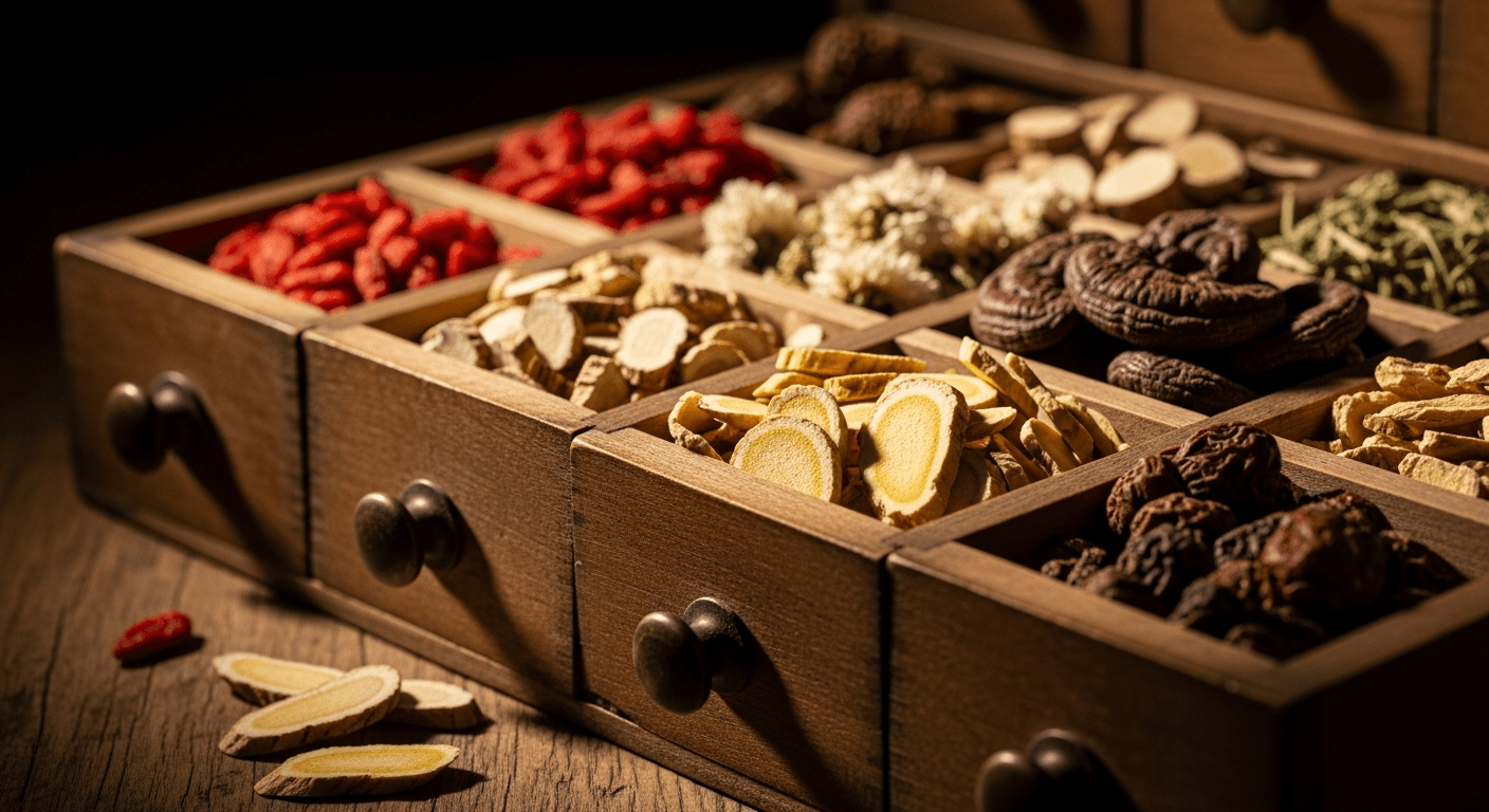 Traditional apothecary drawer with compartments of dried medicinal herbs